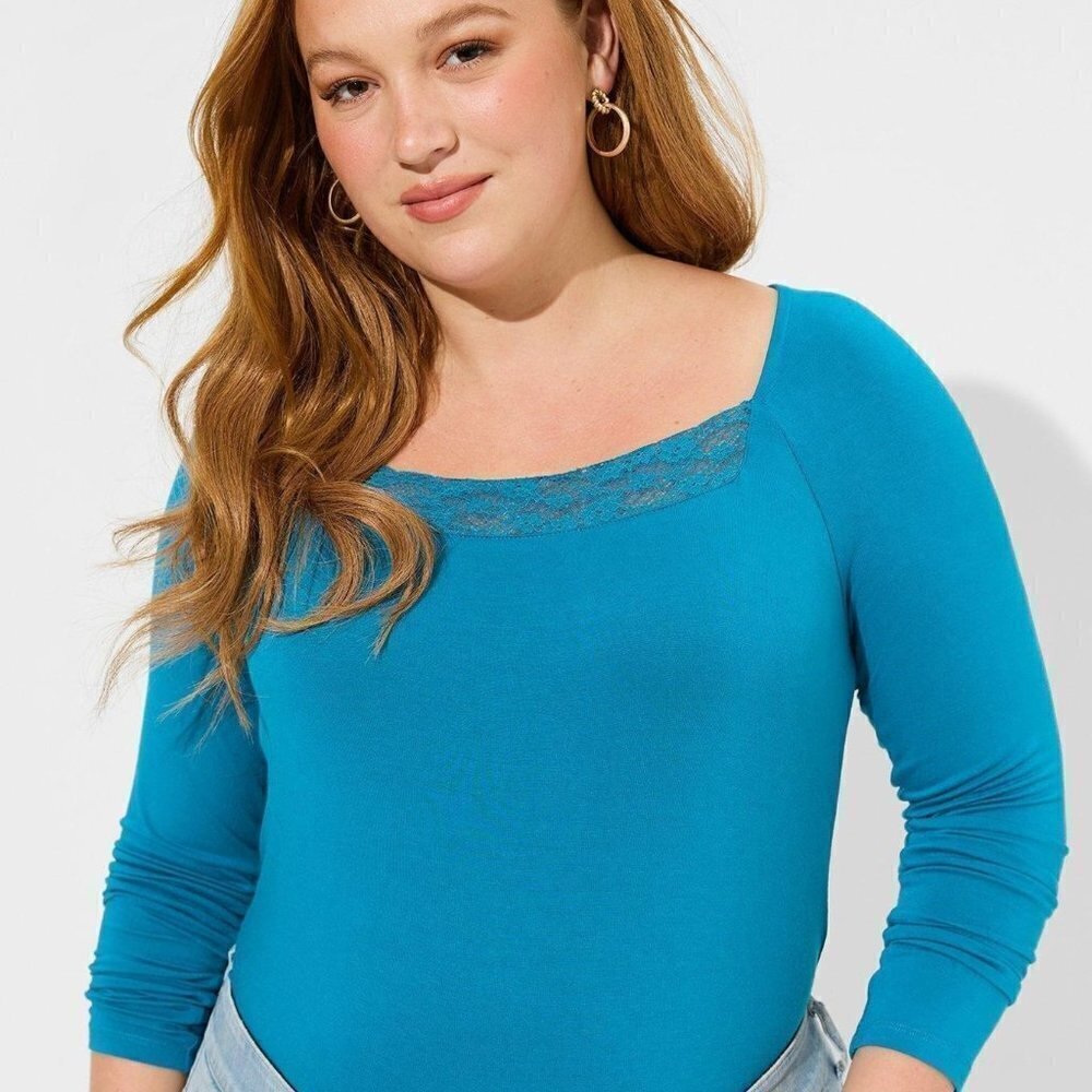 Torrid - Super Soft Lace Inset Long Sleeve Top in Turkish Tile Blue